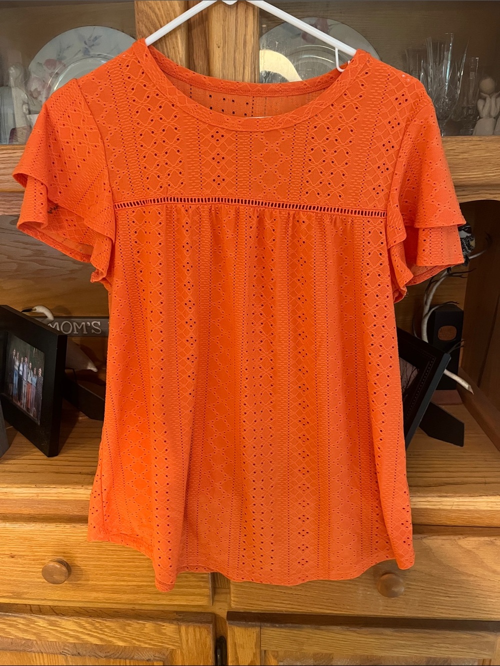 Eyelet Flutter Sleeve Women's Top - Orange